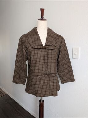 Vintage Wool Brown Plaid Jacket Coat With Bows